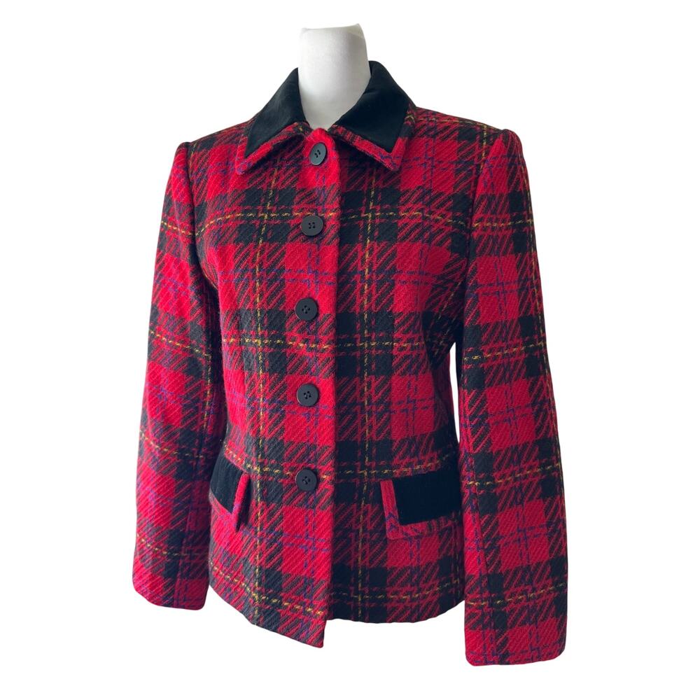 Vintage ‘90s Kasper 100% Wool Red & Black Plaid Button Front Collared Jacket